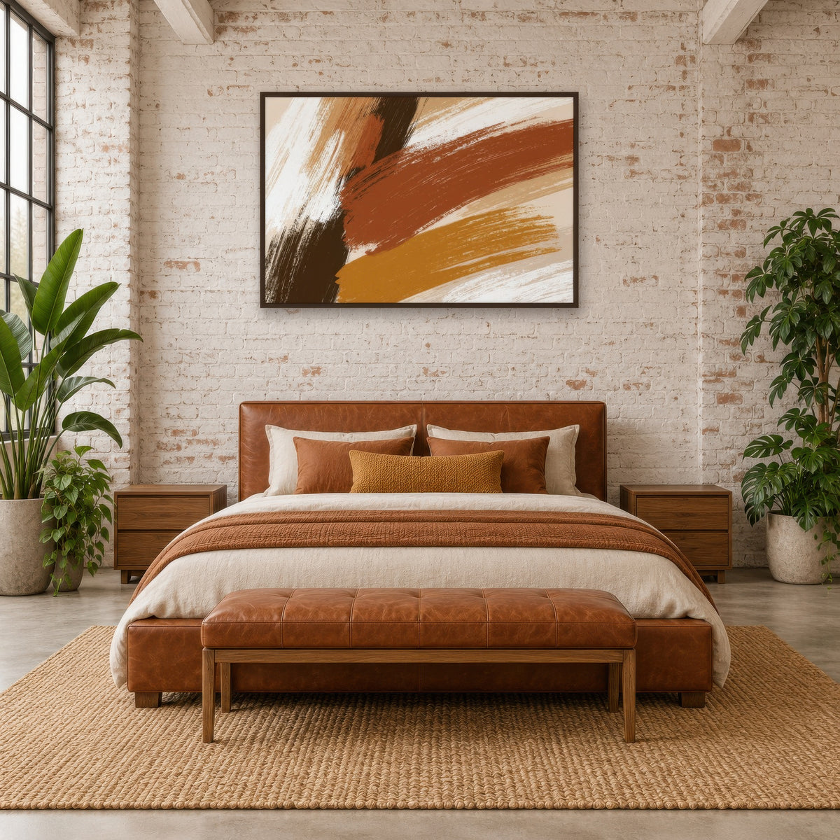 Bold Strokes in Rust and Gold boho wall art in a bedroom
