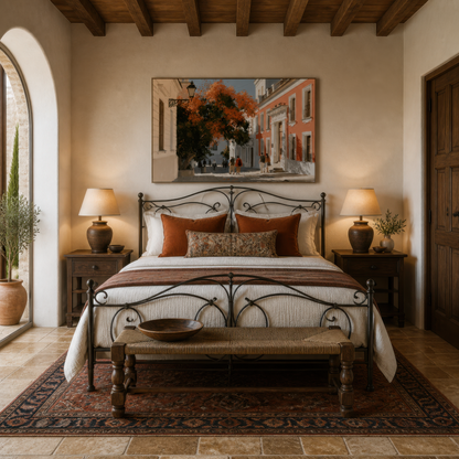 Mediterranean street scene above a black iron bed with rust pillows and terracotta jar lamps
