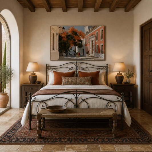 Mediterranean street scene above a black iron bed with rust pillows and terracotta jar lamps