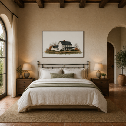 Autumn farmhouse illustration above a black iron bed with striped bedding and table lamps