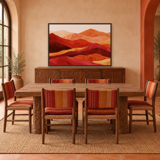 Layered Mountain Ridges in Red and Orange boho wall art in a dining room