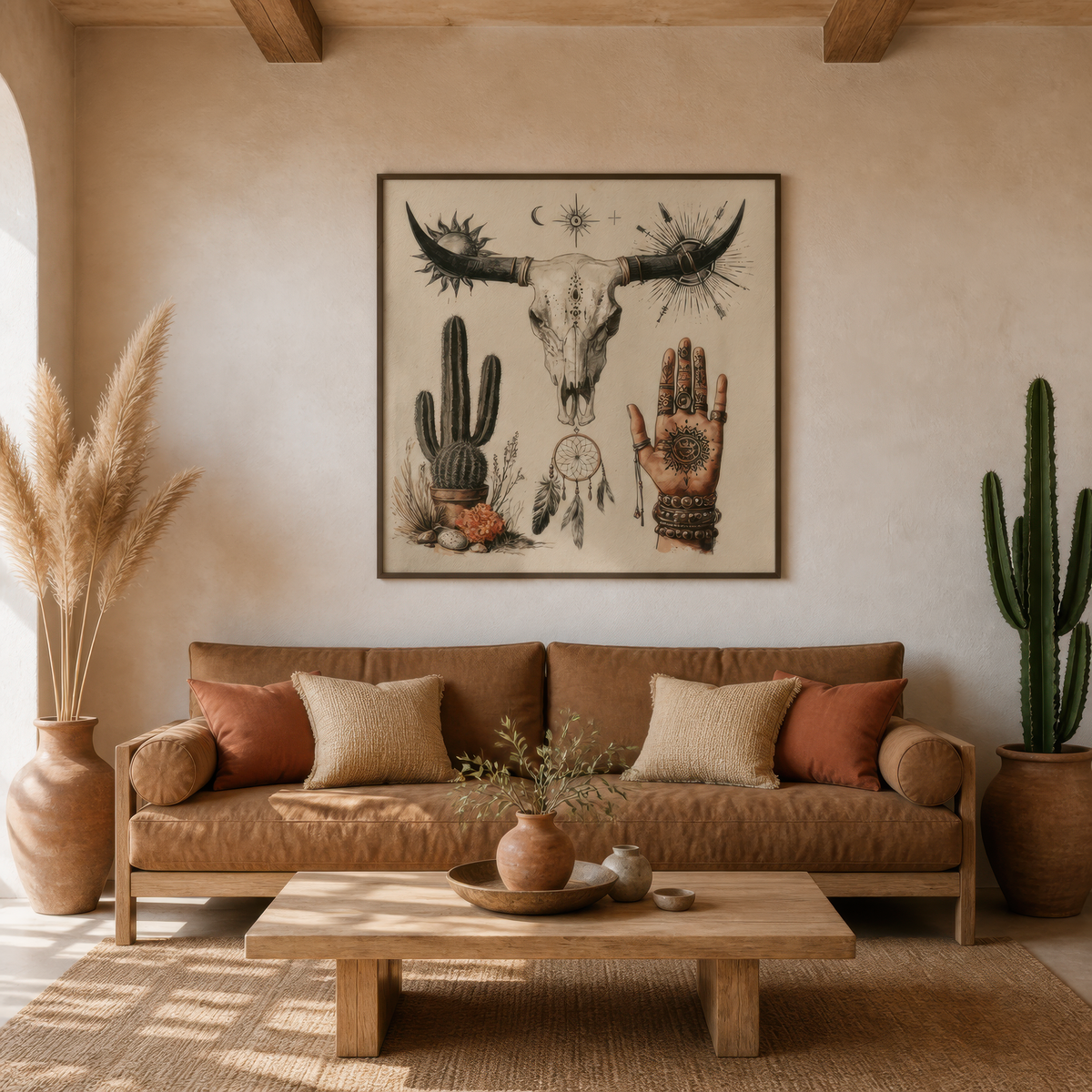 Bull skull and desert talisman collage above a tan leather sofa with rust pillows and pampas grass