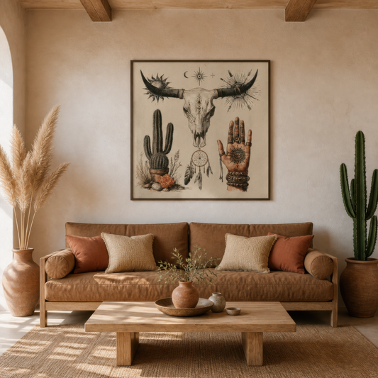 Bull skull and desert talisman collage above a tan leather sofa with rust pillows and pampas grass