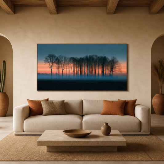 Misty treeline at dusk above a cream sofa with rust pillows beside a potted cactus