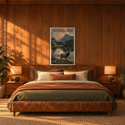 Half Dome Elk Vintage Poster national park wall art in a bedroom