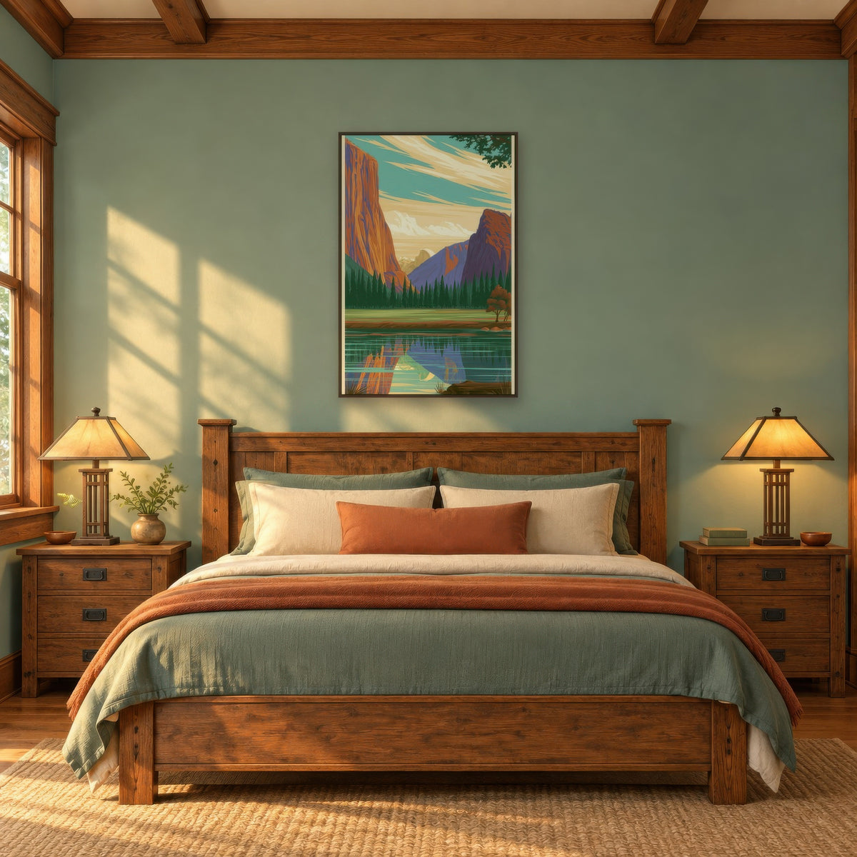 Yosemite Valley Retro Poster landscape wall art in a bedroom