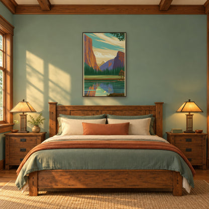 Yosemite Valley Retro Poster landscape wall art in a bedroom