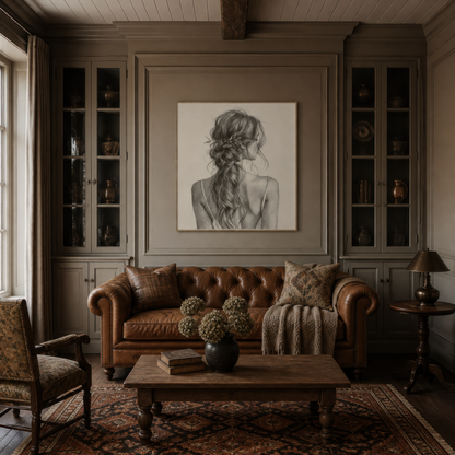 Sketch-style braided hair portrait above a brown tufted sofa in a green panelled room with glass cabinets