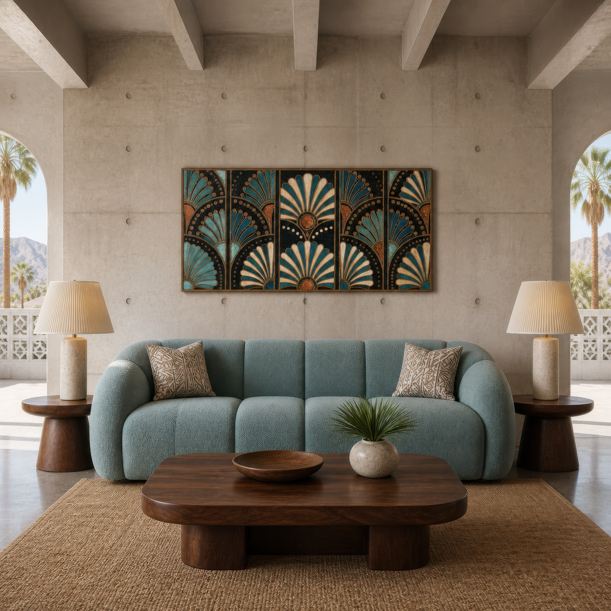 Teal fan pattern above a blue sofa on a pale concrete wall with a desert view