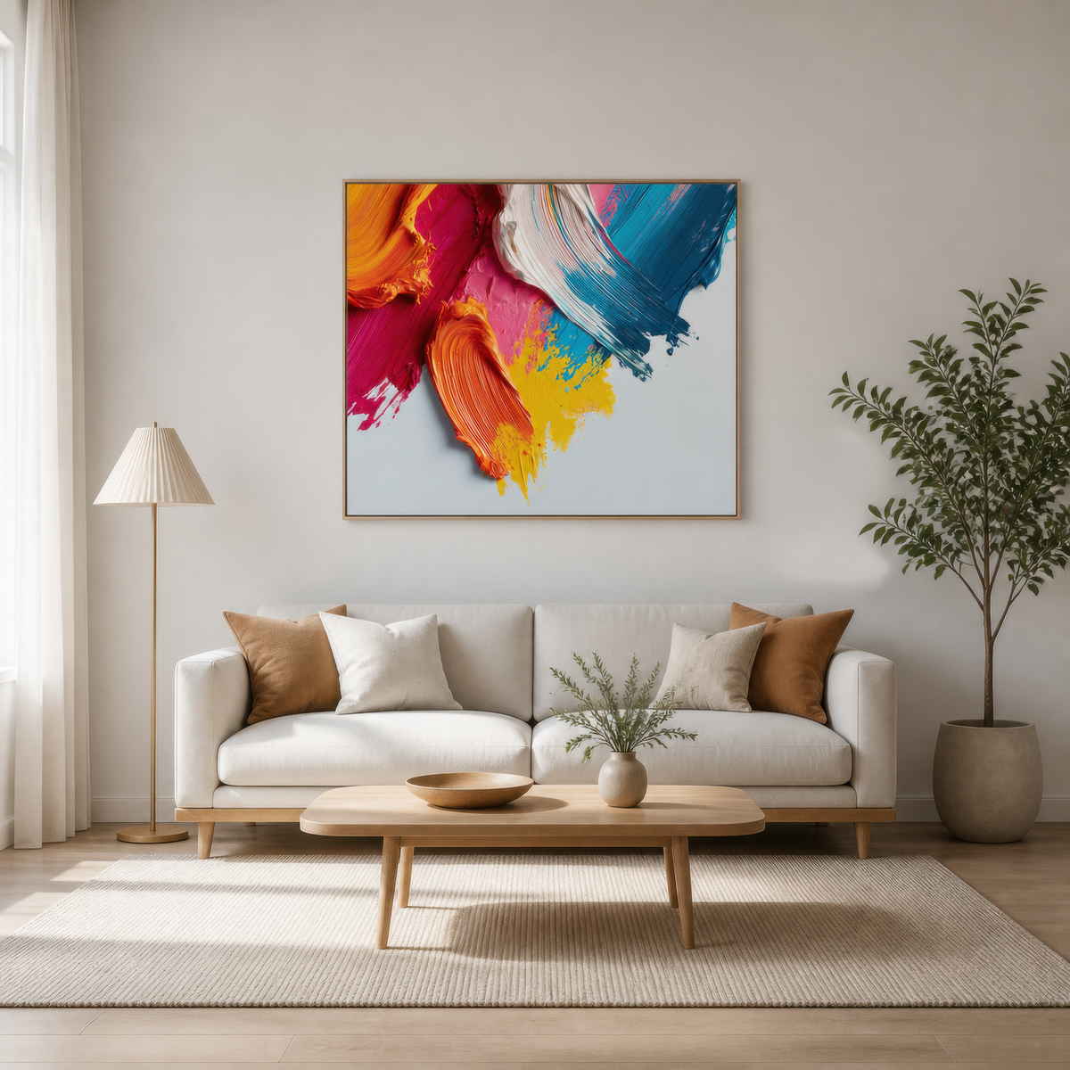 Joyful color strokes above a cream sofa with tan pillows and a pale wood coffee table