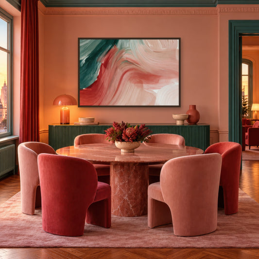 Terracotta Coral Waves dopamine wall art in a dining room