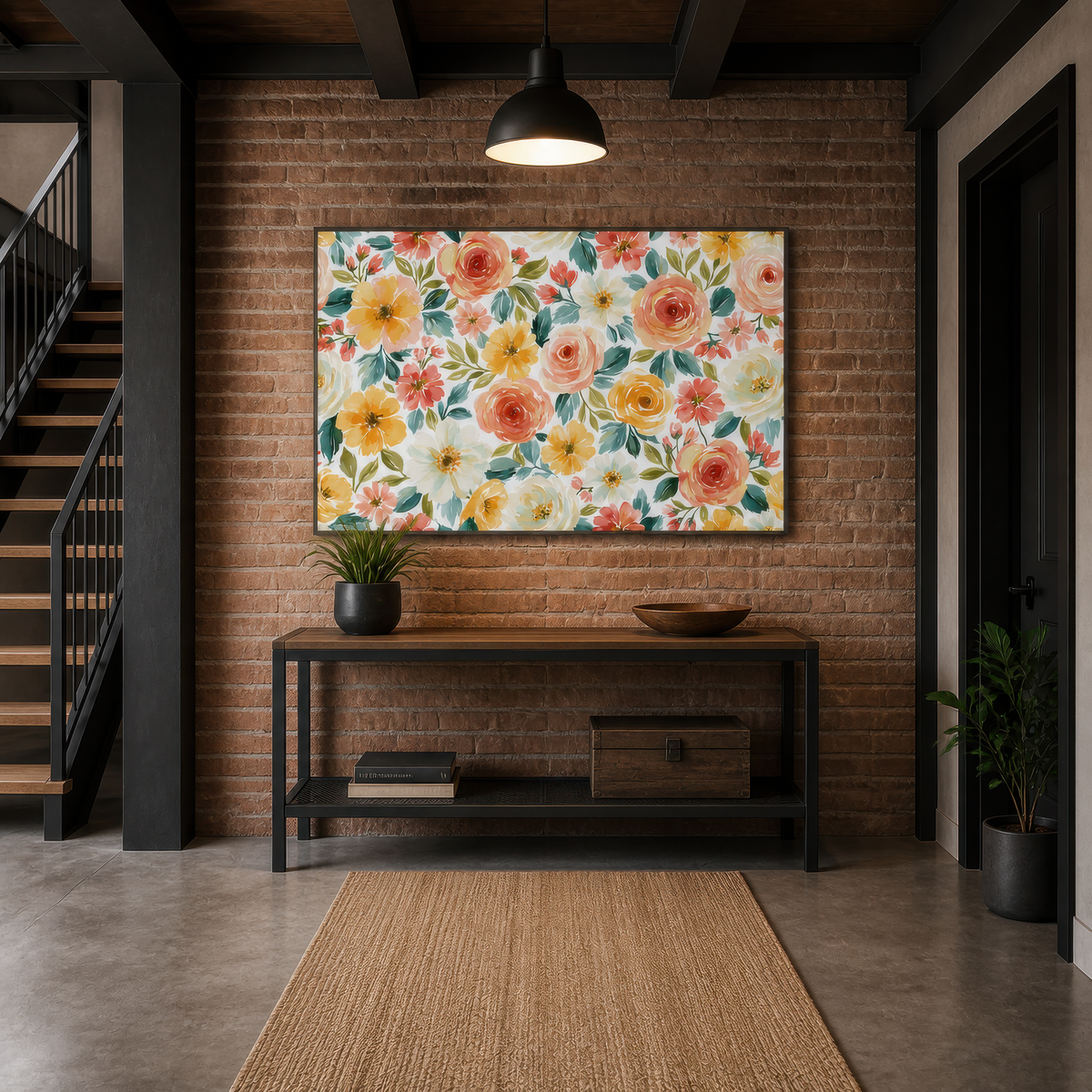 Peach and Yellow Rose Pattern wall art print, alternate room view