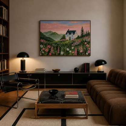 Mountain meadow cottage above a black media console with lamps and a brown modular sofa