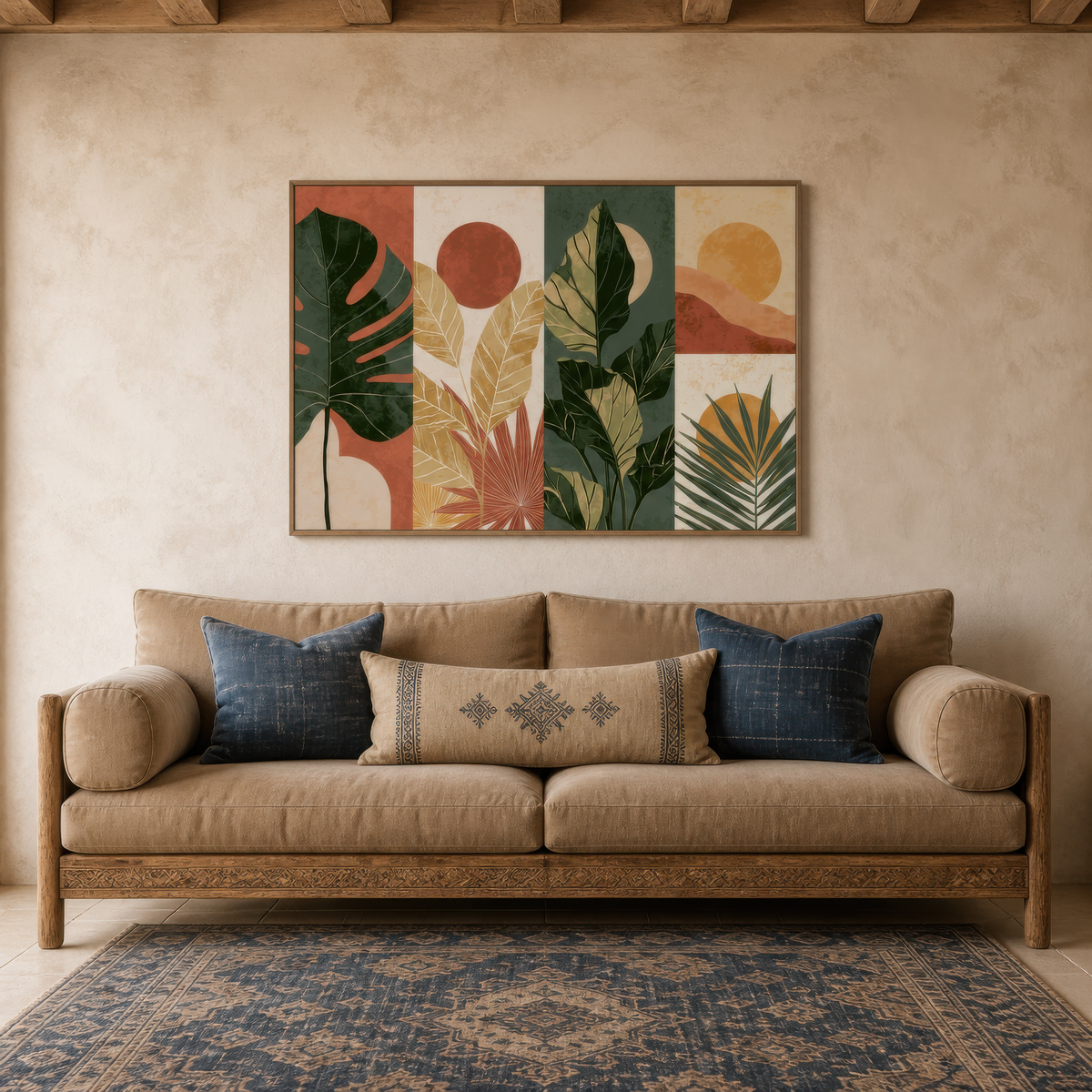 Leaf panel artwork above a tan sofa with blue pillows on a plaster wall with a patterned rug
