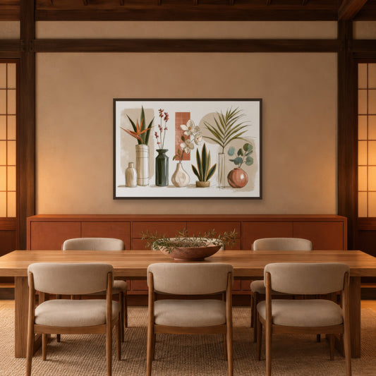 Botanical Vase Collection japandi wall art in a dining room