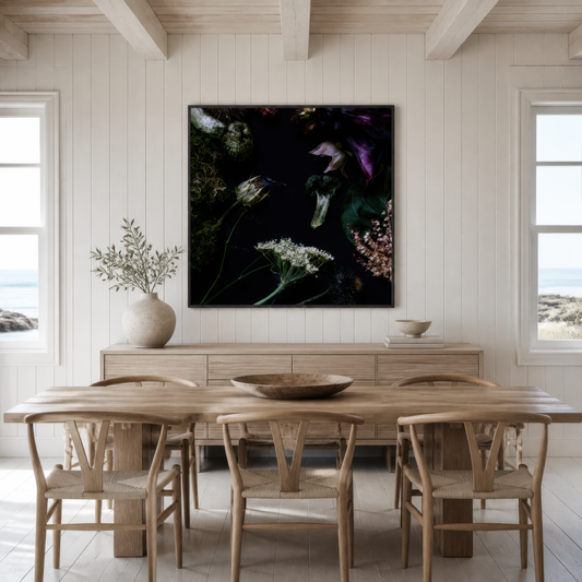 Moody Dark Florals wall art print, alternate room view
