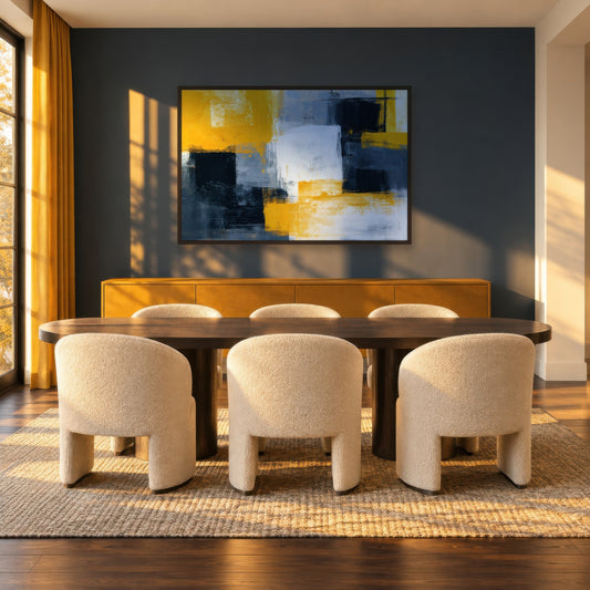 Mustard and Charcoal Block Abstract wall art in a dining room