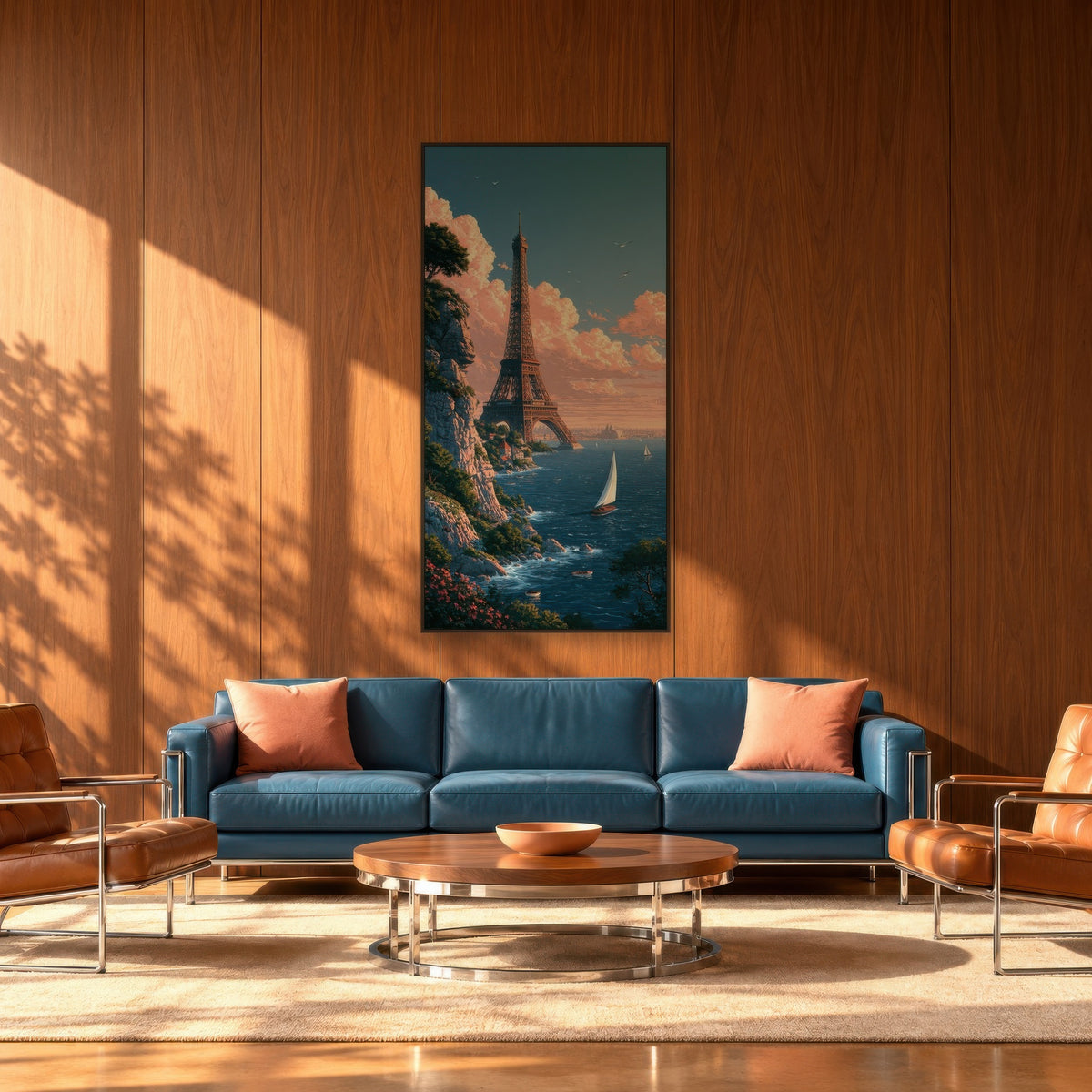 Eiffel Tower Sea Cliff Illustration travel wall art in a living room