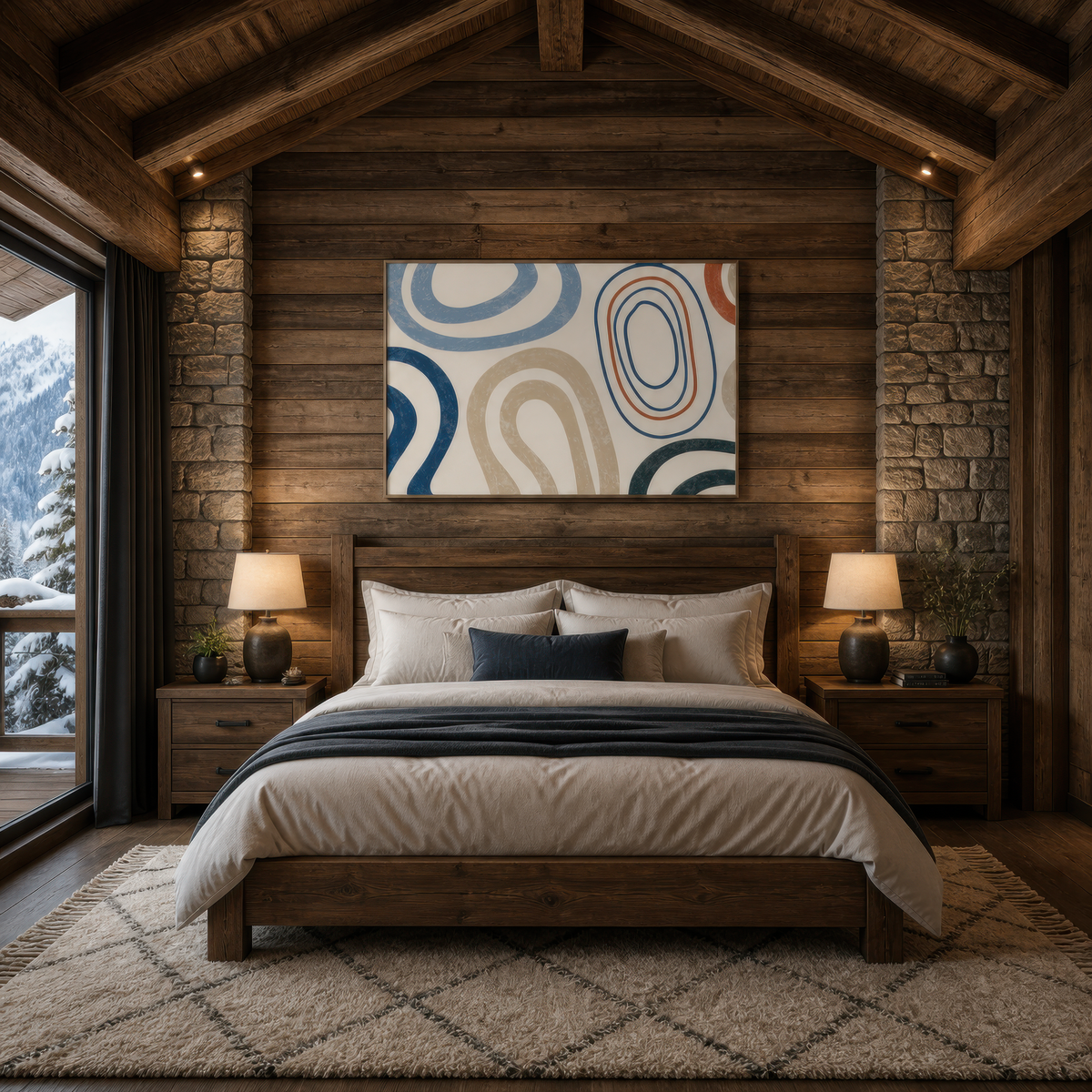 Geometric loops abstract above a wood bed with two lamps on a timber and stone wall