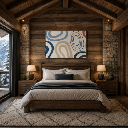 Geometric loops abstract above a wood bed with two lamps on a timber and stone wall