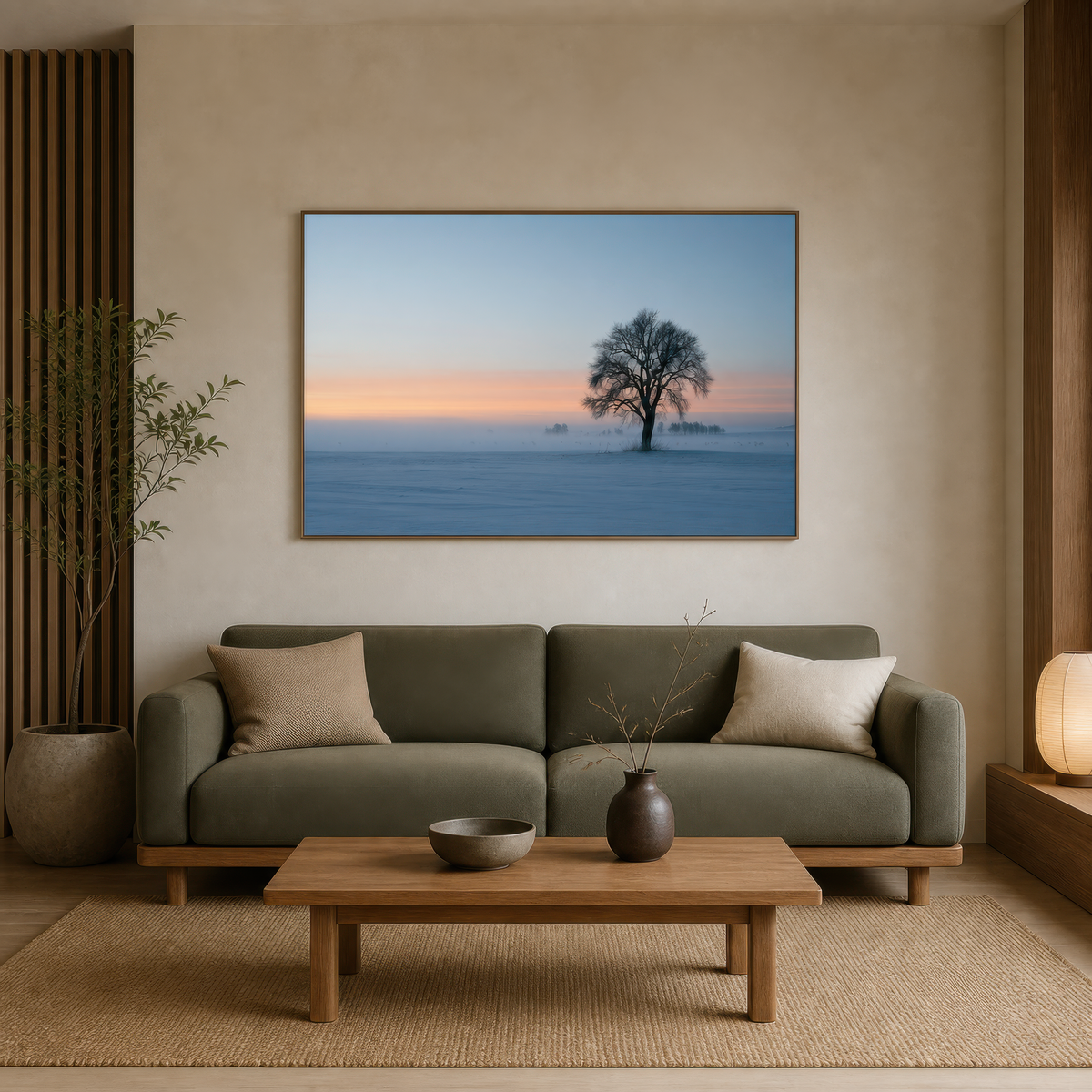 Solitary Tree at Dusk wall art print staged in a room