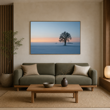 Solitary Tree at Dusk wall art print staged in a room
