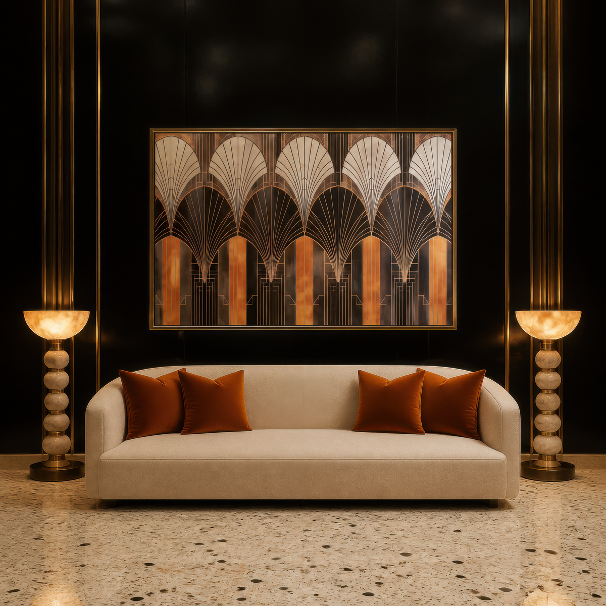 Bronze arch pattern above a cream curved sofa with rust pillows on a black wall with columns