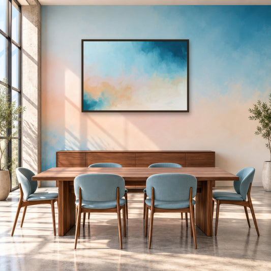 Teal and Apricot Cloud Abstract wall art in a dining room