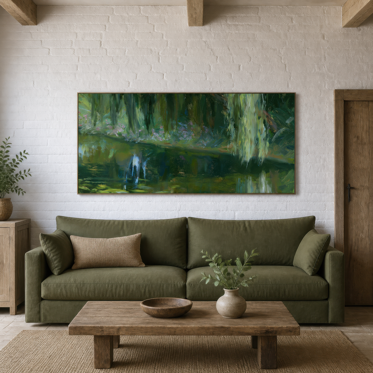 Shaded willow pond above an olive green sofa on a whitewashed brick wall with a wood table