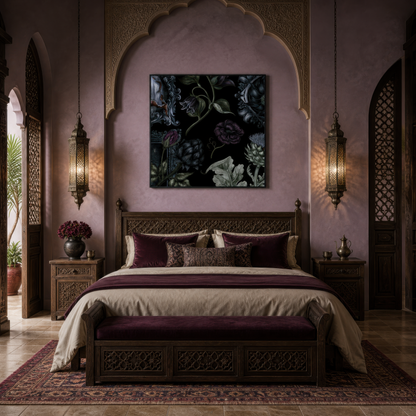 Plum Rose and Silver Scrollwork Floral wall art print, alternate room view