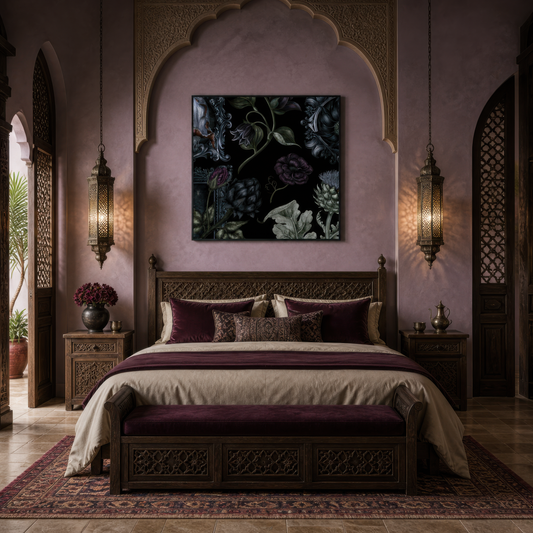 Plum Rose and Silver Scrollwork Floral wall art print, alternate room view