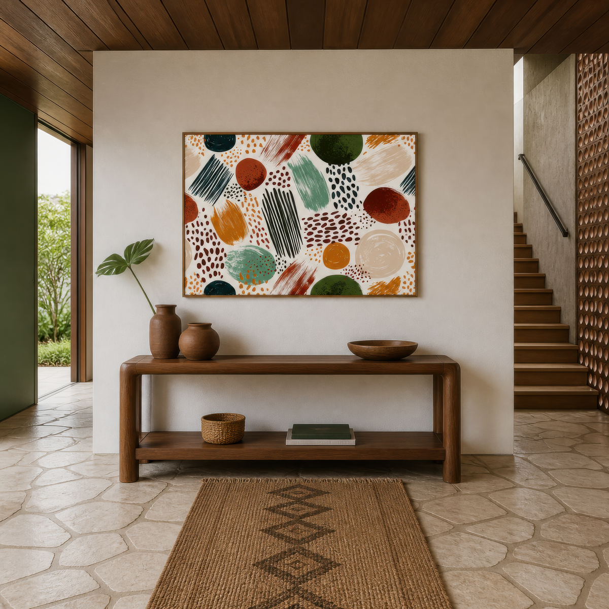 Circles and dots artwork above a wood console in a bright entryway with a jute runner