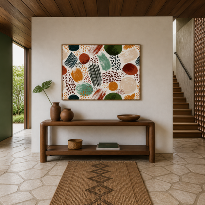 Circles and dots artwork above a wood console in a bright entryway with a jute runner