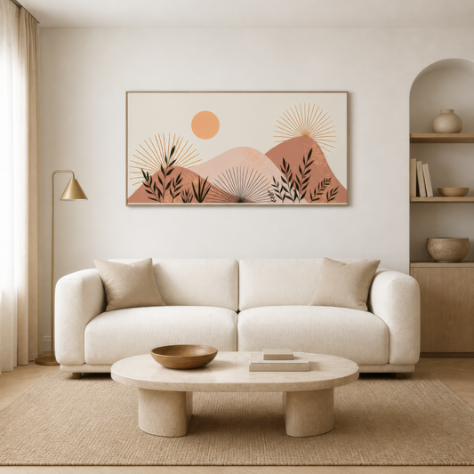 Boho sunburst mountains above a cream bouclé sofa with a round pale wood table