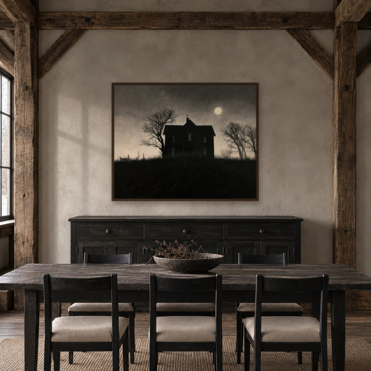 Moonlit Farmhouse Silhouette farmhouse wall art in a dining room