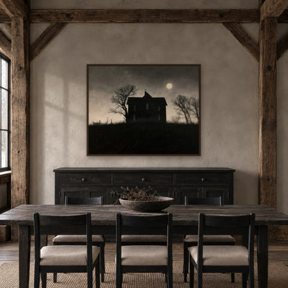 Moonlit Farmhouse Silhouette farmhouse wall art in a dining room