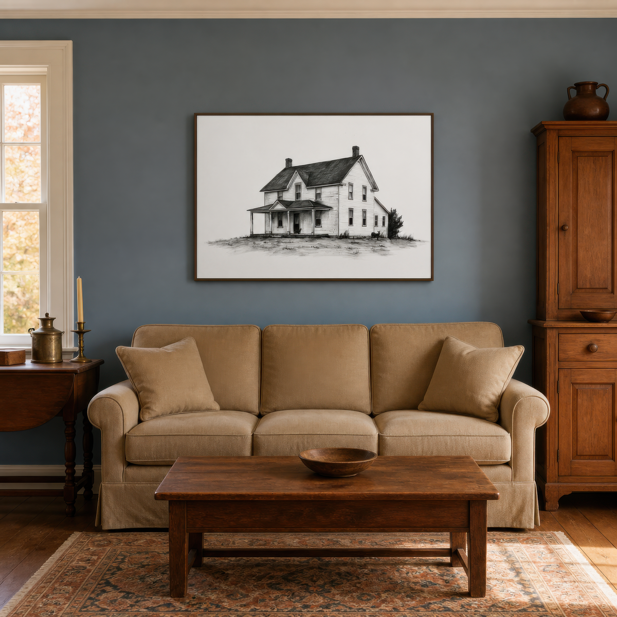 Farmhouse ink sketch above a camel sofa on a slate blue wall with pine cabinets