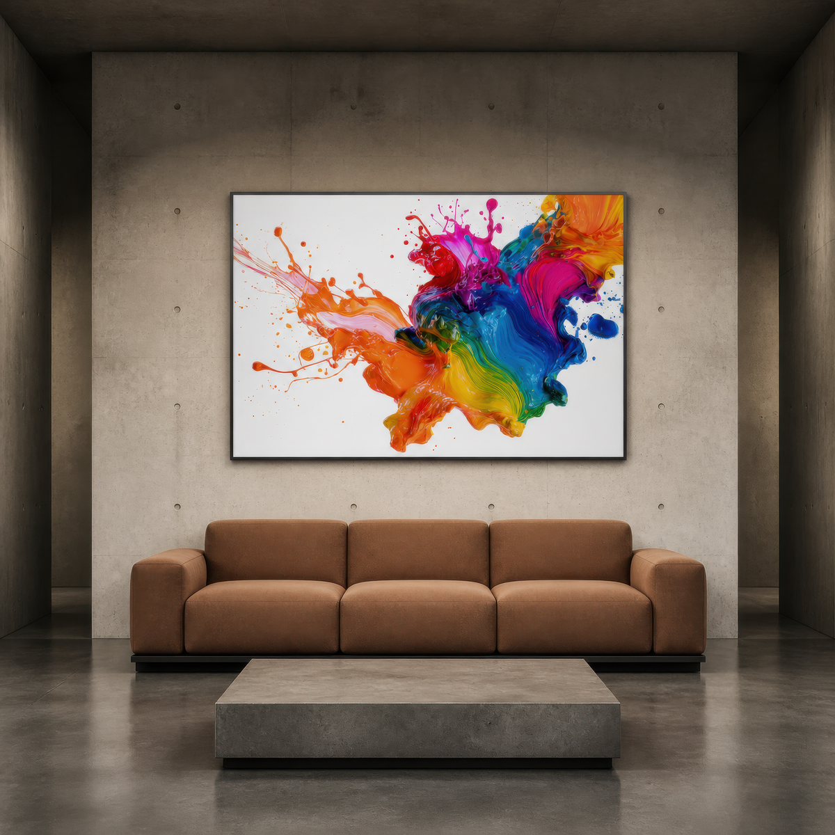 Liquid rainbow splash above a tan modular sofa on a grey concrete wall
