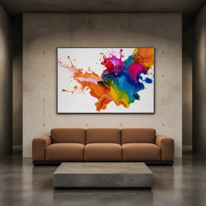Liquid rainbow splash above a tan modular sofa on a grey concrete wall