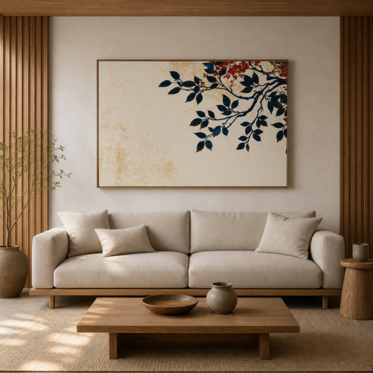 Branch with berries above a cream sofa on a warm wood slat wall with a low table