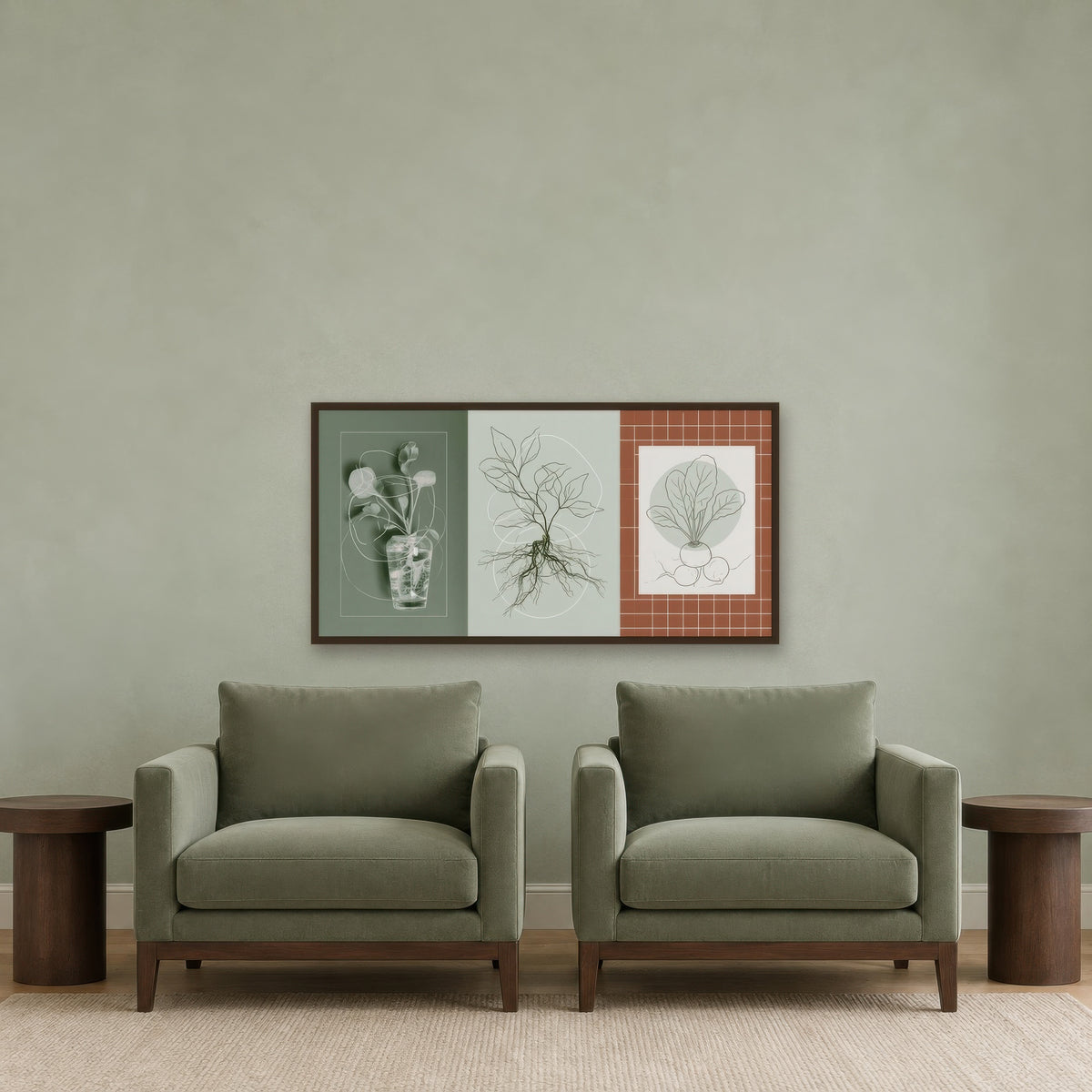 Kitchen Garden Botanical Set japandi wall art in a den