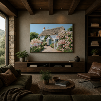 Rose garden cottage above a low wood media console with a stone wall and brown leather seating
