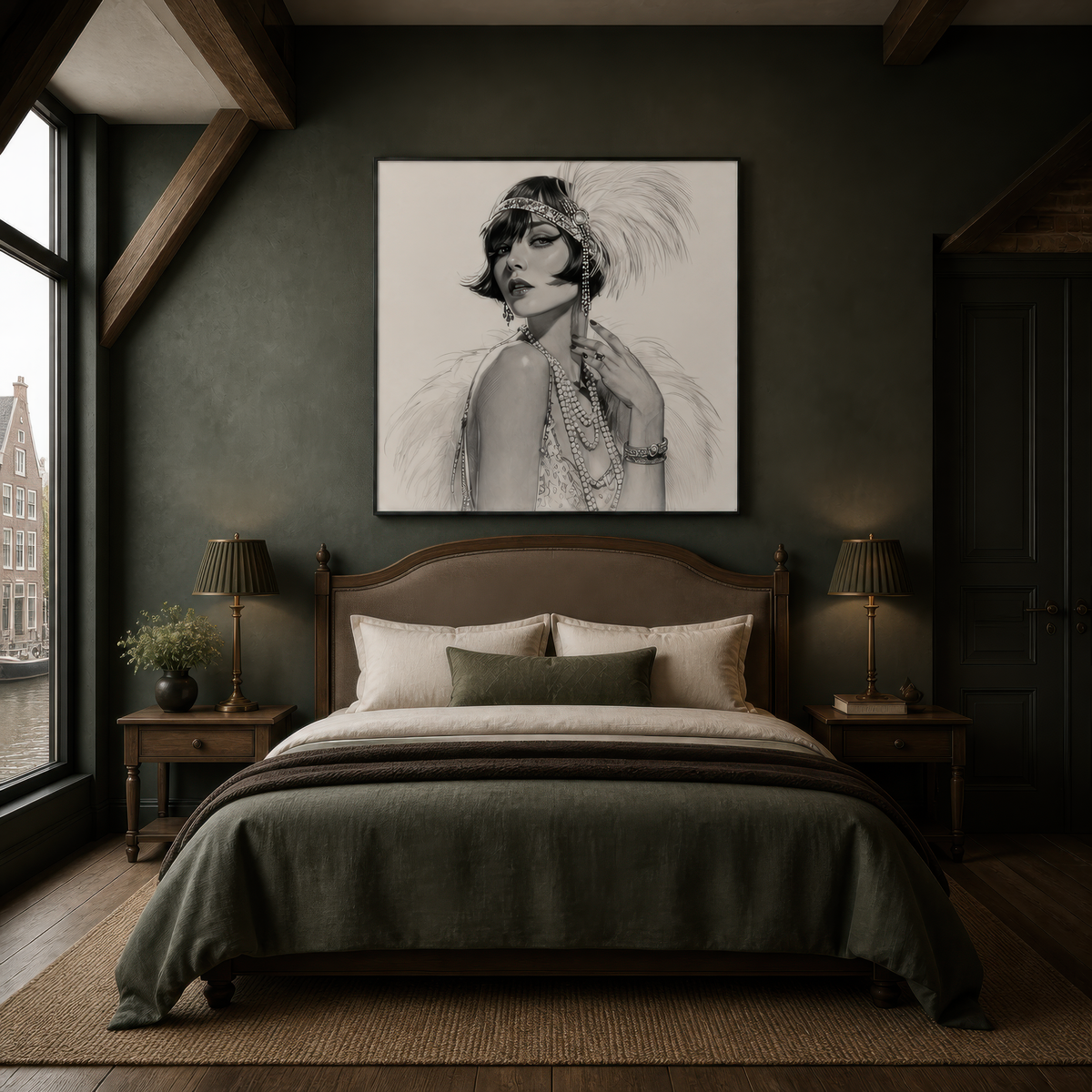 Pearl cascade above a wooden bed with olive bedding on a dark green wall