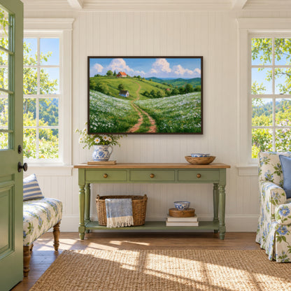 Hillside Meadow cottagecore wall art in an entryway