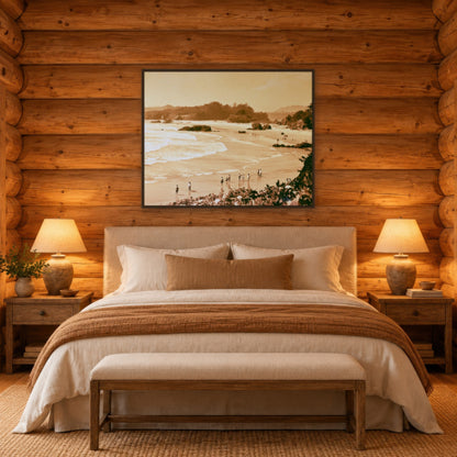 Vintage Style Coastal Cove in Sepia landscape wall art in a bedroom