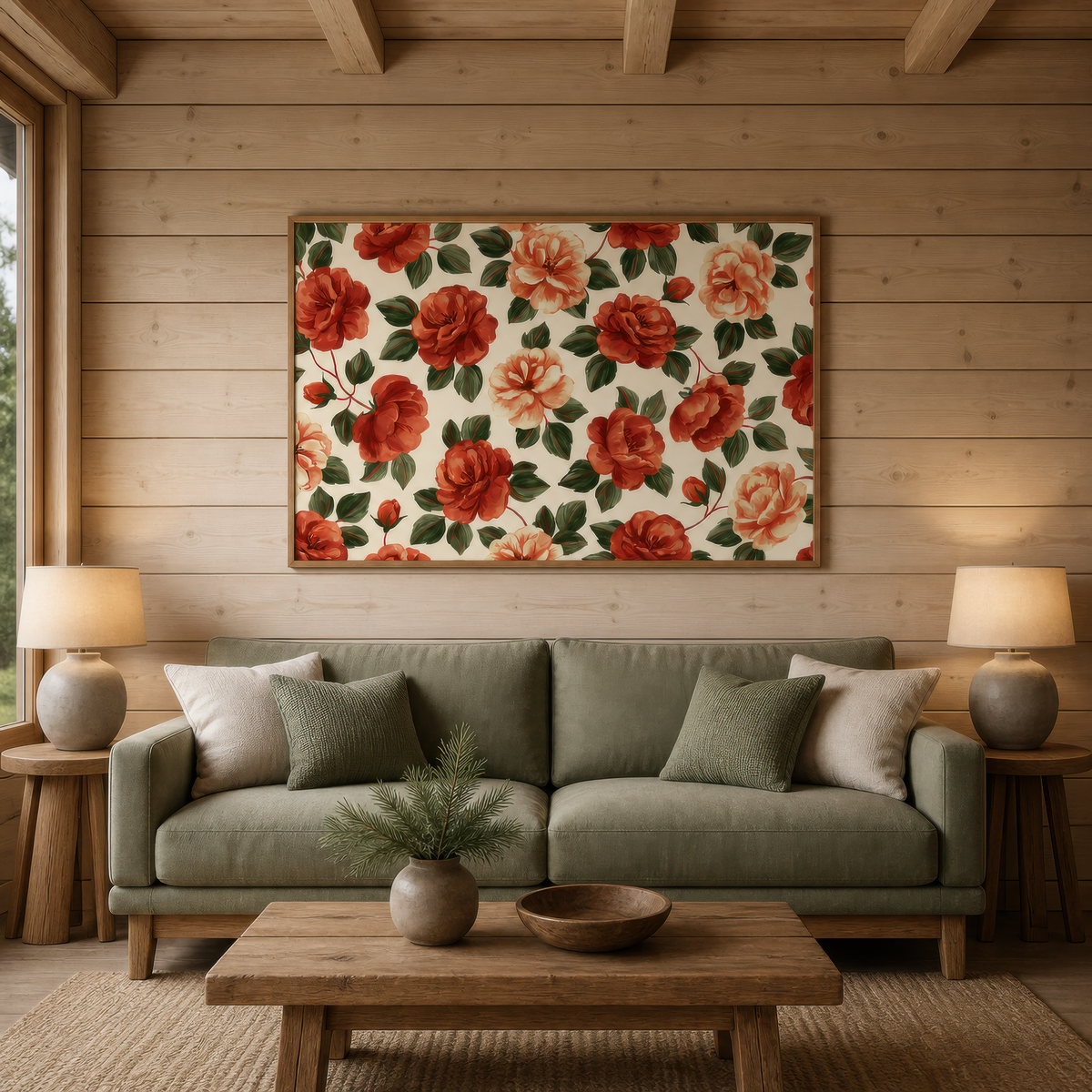 Rust Rose Pattern on Cream – Watercolor Floral Wall Art