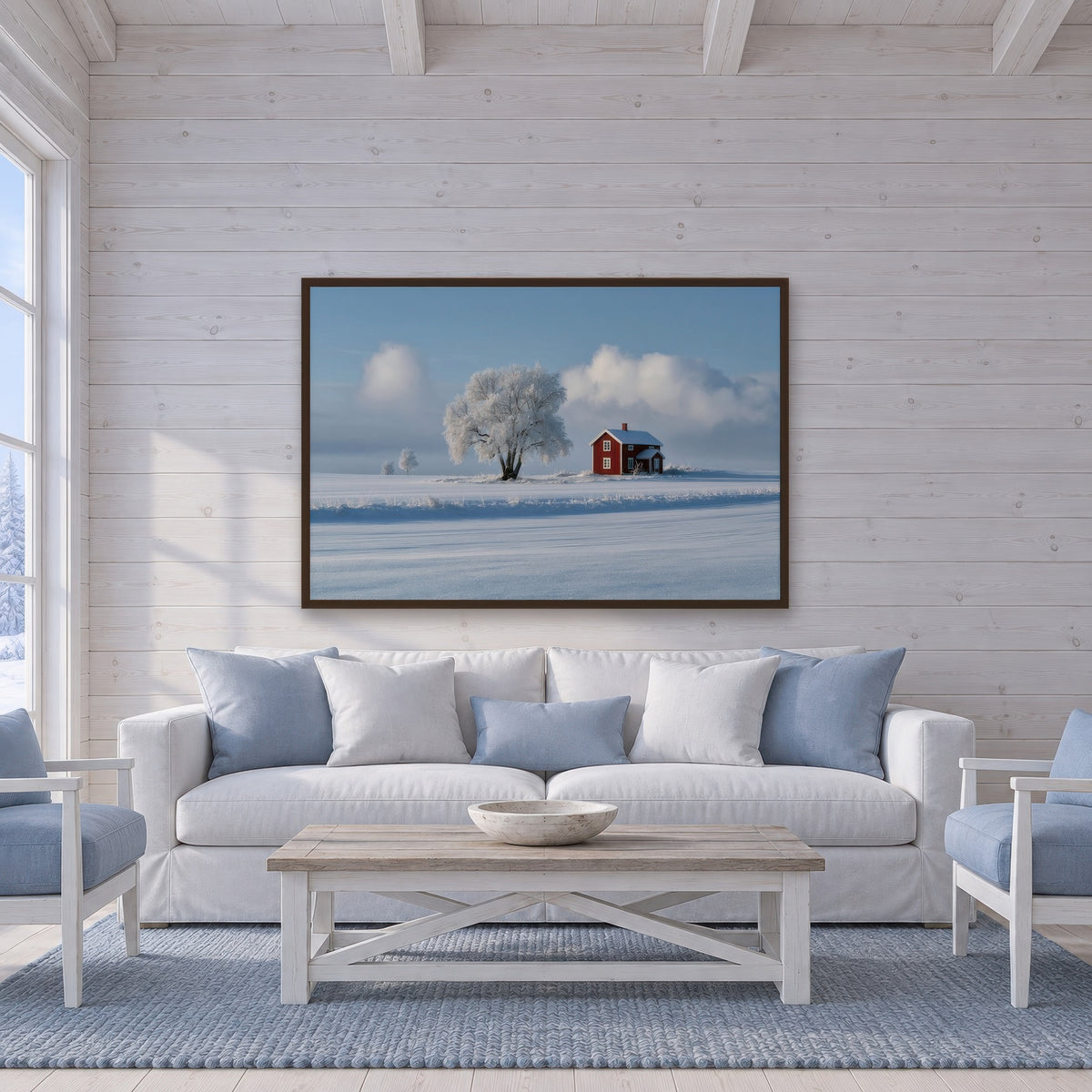 Red Farmhouse and Frosted Tree in Snow scandinavian wall art in a living room