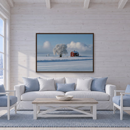 Red Farmhouse and Frosted Tree in Snow scandinavian wall art in a living room
