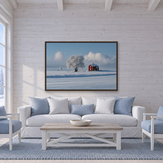Red Farmhouse and Frosted Tree in Snow scandinavian wall art in a living room