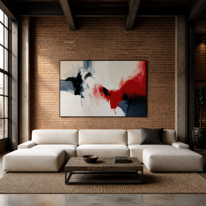 Large red and navy abstract artwork above a white sectional sofa against a brick wall